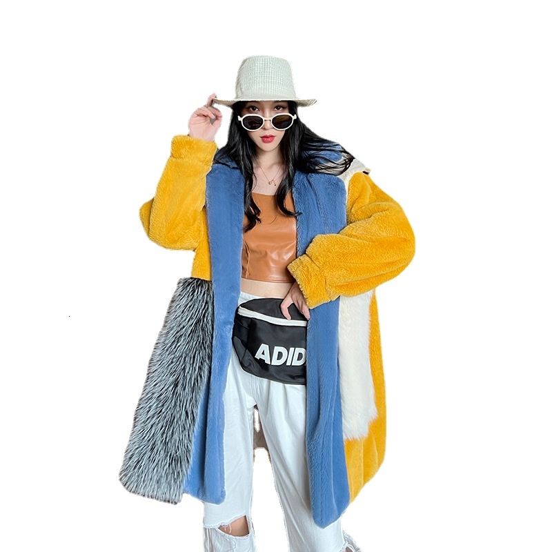 Spliced Faux Fur Women Winter Lapel Fluffy Jacket Teddy Female Long Sleeves Plush Coat Korean Fashion Overcoats 2023