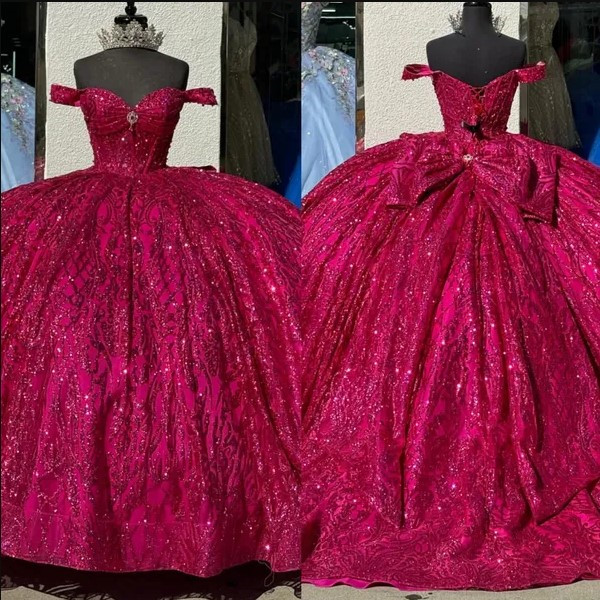 Fabulous fuchsia princess quinceanera dresses sparkly prom ball gown off shoulder glitter sequins diamond vestido de quinceanera bow 15 Masquerade Dress 1007