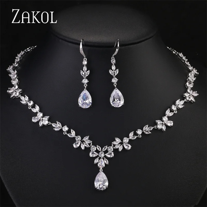ZAKOL Silver Leaf Bridal Wedding Jewelry for Women Sparkling Cubic Zircon Earrings and Necklace Set 241007 Z260313
