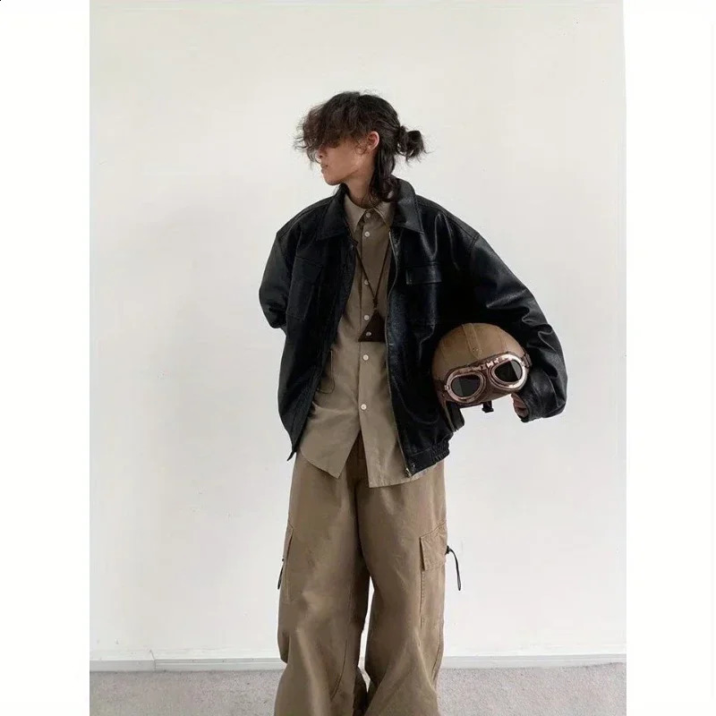 Motorcycle Leather Jacket Men Bomber Pilot Retro Loose Pu Short Coat Japanese Casual Streetwear Multi Pocket Trend Outwear 250225