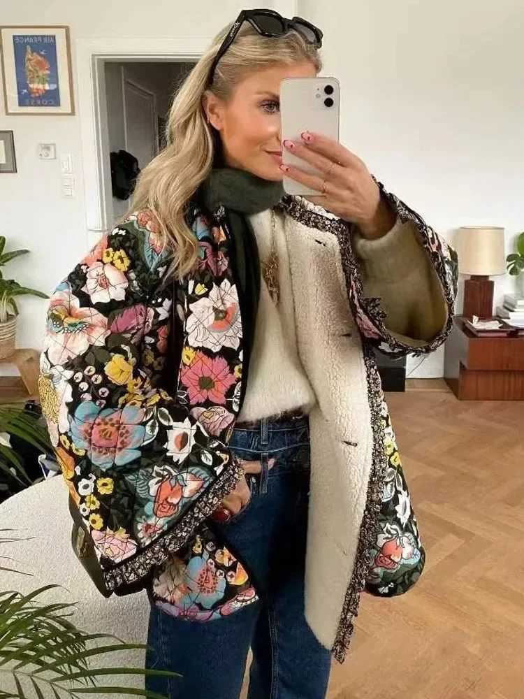 TRAF Flower Winter Coat for Women Quilted Jacket Parkas Woman Autumn Winter Printed Vintage Jacket Tweed Warm New in OuterwearX241007