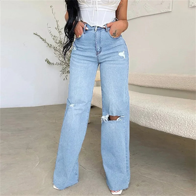 Women Knee Broken Holes Trend Straight Jeans Fashion Comfortable Casual High Waist Denim Pants Female Loose Wide Leg Trousers 241007