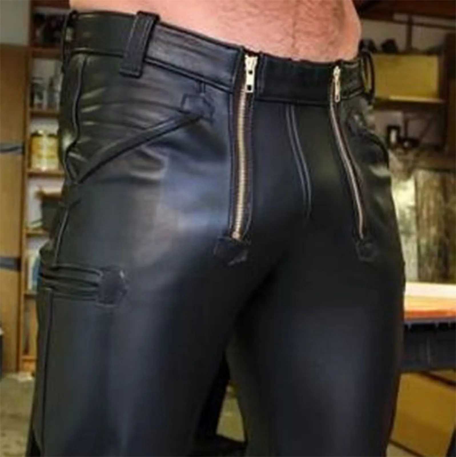New Fashion Men Latex Stretchy Leather Pants Slim Clothing PU Leather Skinny Pants Wet Look Tights Pants Streetwear Trousers LX241007
