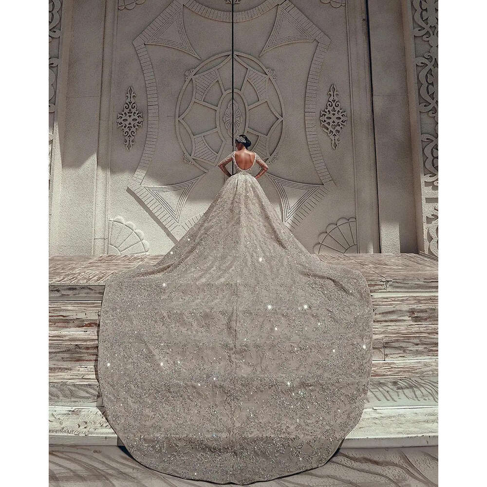 Exquisite V-Neck Wedding Sequins Beaded Lace Long Sleeve Princess Bride Dress Custom Made Ball Gowns Vestidos De Novia 0226Lz