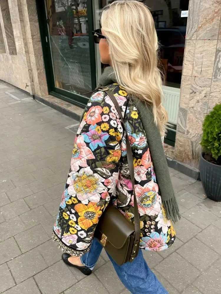 TRAF Flower Winter Coat for Women Quilted Jacket Parkas Woman Autumn Winter Printed Vintage Jacket Tweed Warm New in OuterwearX241007