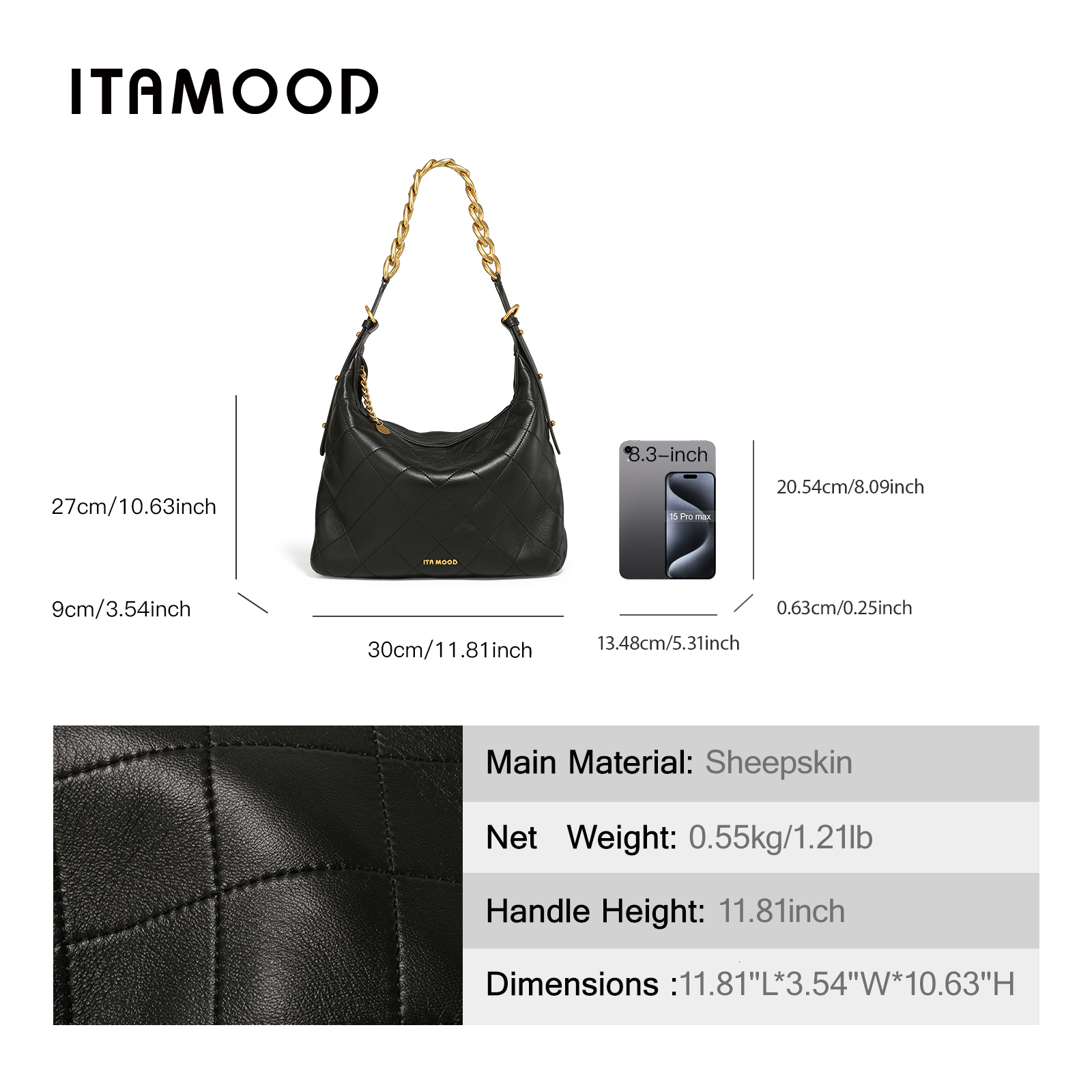 ITAMOOD Genuine Leather Shoulder Branded And Quilted Tote Bag With Gold Color Chain Strap Large Capacity Handbag