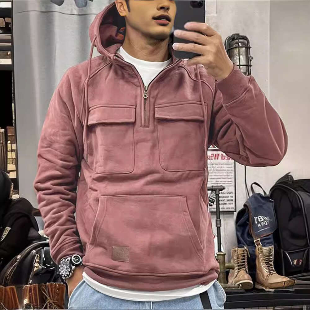 shanshi men hoodies designers Autumn and Winter New Men's Hooded Solid Youth Sports Multi Pocket Patch Leather Sweater Coat