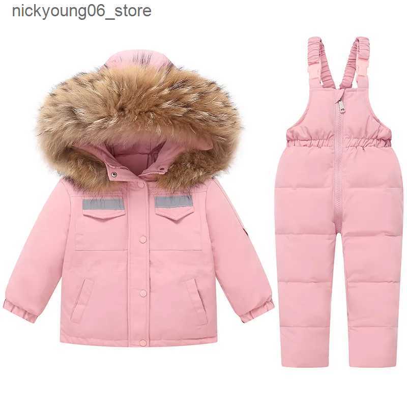 Sets/Suits 2024 New Winter Children Girl Ski Suit Real Fur Warm Down Jacket Coat + Overalls Suit For 1-5 Years Girls Kid Baby Girl Snowsuit L240910