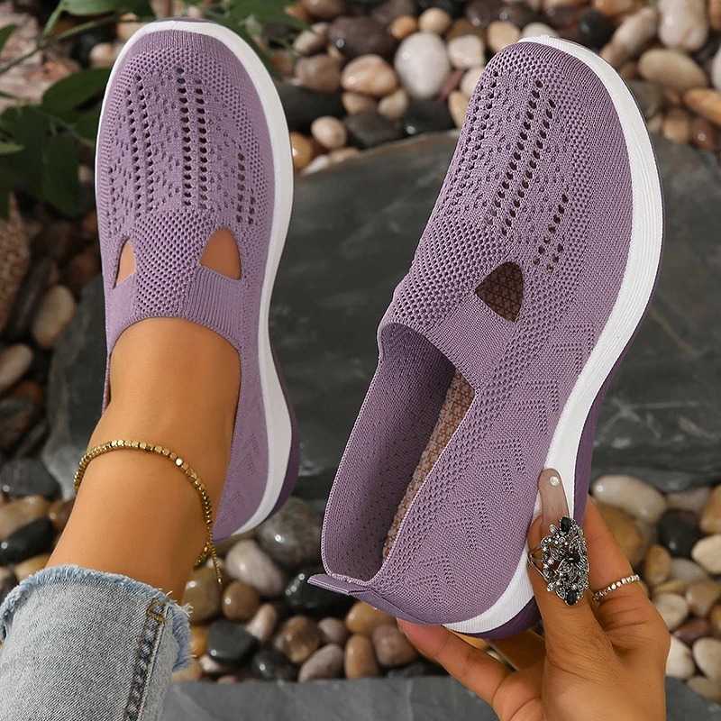 Purple breathable knitted womens sports shoes 2024 hollow thick soled walking shoes womens casual sports shoes Y241007