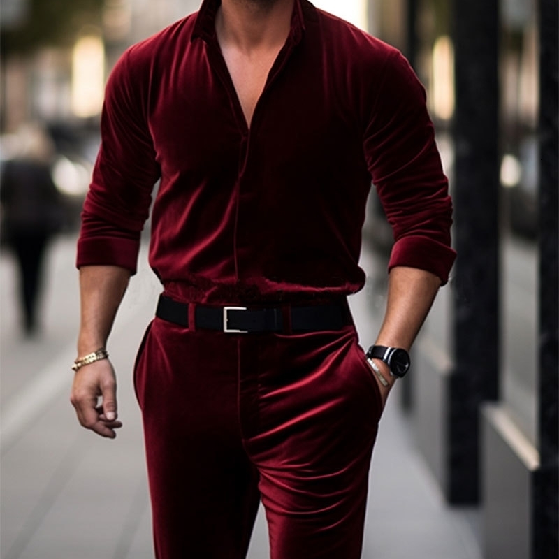 Mens business straight leg pocket shirt collar velvet jumpsuit 240930