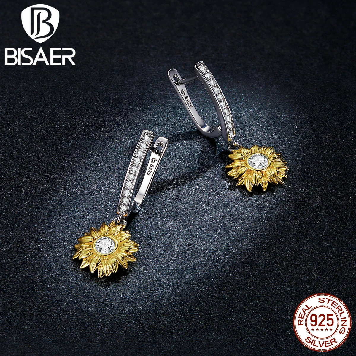BISAER 925 sterling silver sunflower jewelry set plated with 14K gold lucky necklace earrings exquisite jewelry gift for women 240924