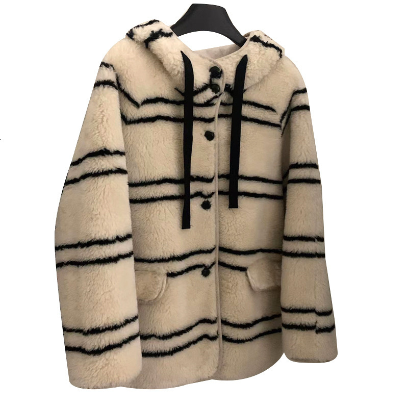 2023 Winter Striped Faux Lamb Fur Hooded Fluffy Jacket Teddy Women Coat Cold Chamaras For Mujeres Tops