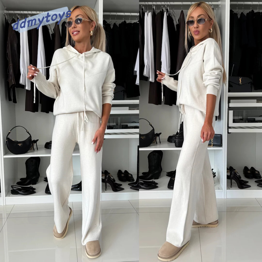 dongdumaoyi Autumn and winter new casual suit women s solid color hooded long sleeved sweatshirt tied rope wide leg pants two piece set F1008#59