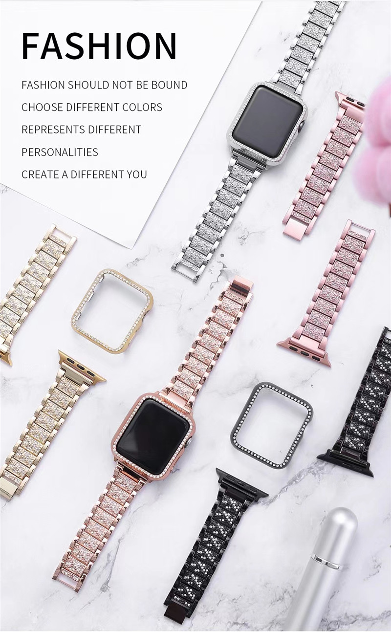 watchband case + With Apple Watch Band 46mm 45mm 49mm Women Bling Diamond Rhinestone Metal Strap Jewelry Replacement Wristband for iWatch 10 9 Ultra 2