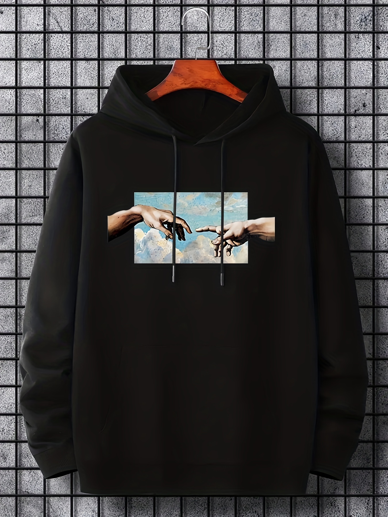 Hoodies For Men, The Creation Of Adam Print Hoodie, Men's Casual Long Sleeve Pullover Hooded Sweatshirt With Kangaroo Pocket For Spring Fall, As 