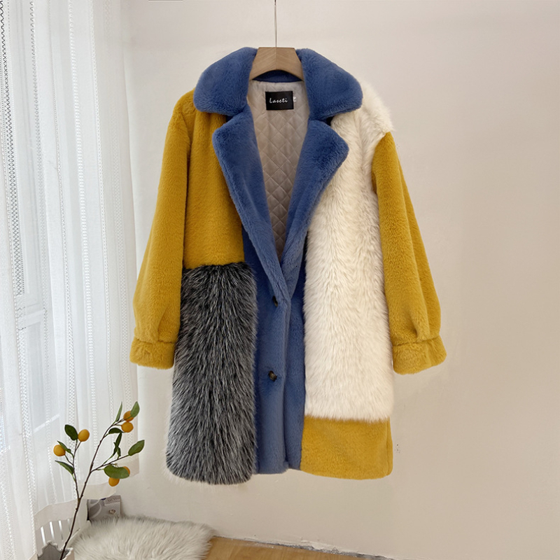Spliced Faux Fur Women Winter Lapel Fluffy Jacket Teddy Female Long Sleeves Plush Coat Korean Fashion Overcoats 2023