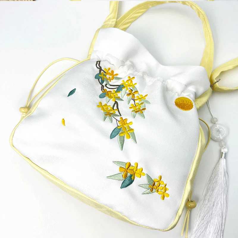 Chinese Style Flower Embroidery Crossbody Top-handle Bags Women Shoulder Lace DrAWstring Bucket Bag Coin Purses Handbags Z250224