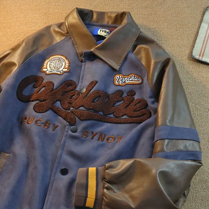 PU Retro American Hip-Hop Lapel Mens Jacket Y2K Loose Baseball Uniform Trend Couple Leather Sleeve Stitching Jacket 240911