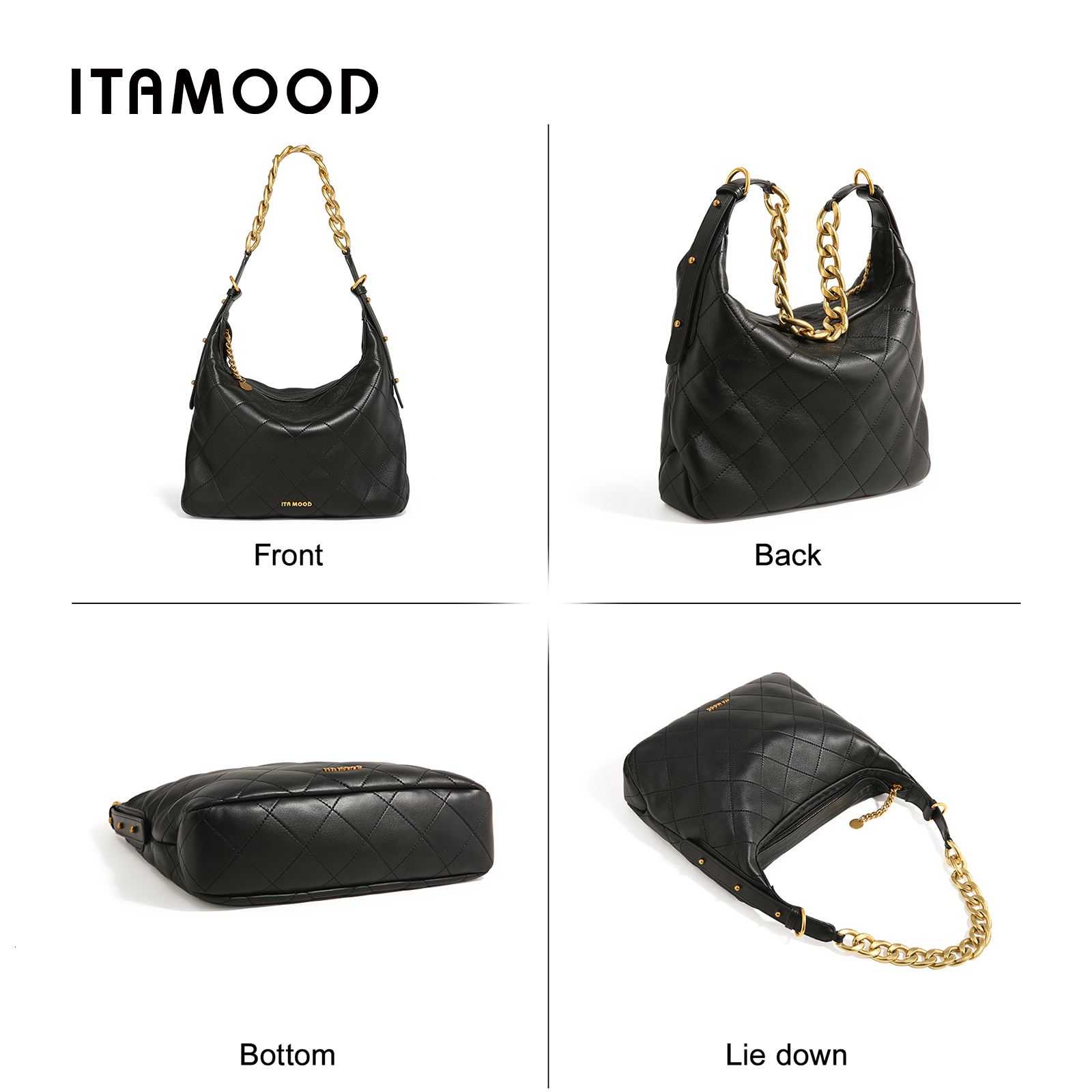 ITAMOOD Genuine Leather Shoulder Branded And Quilted Tote Bag With Gold Color Chain Strap Large Capacity Handbag