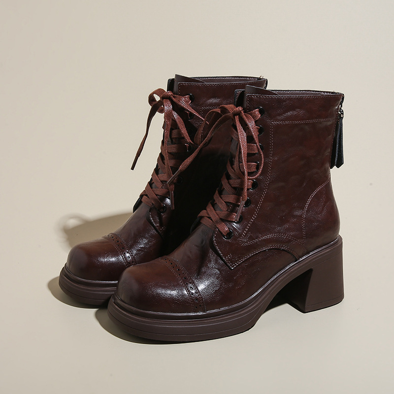 Female 2024 new retro thick heel round toe lace up Martin boots