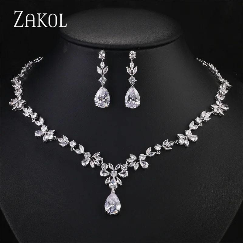ZAKOL Silver Leaf Bridal Wedding Jewelry for Women Sparkling Cubic Zircon Earrings and Necklace Set 241007 Z260313