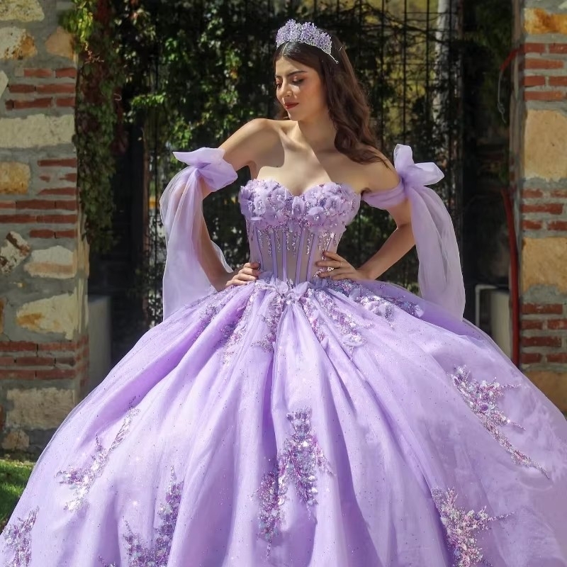 Luxury Lavender Shiny Quinceanera Dress Off The Shoulder Appliques Lace Beads Tull Princess Ball Gowns Sweet 16 Dress Vestidos De 15 Anos