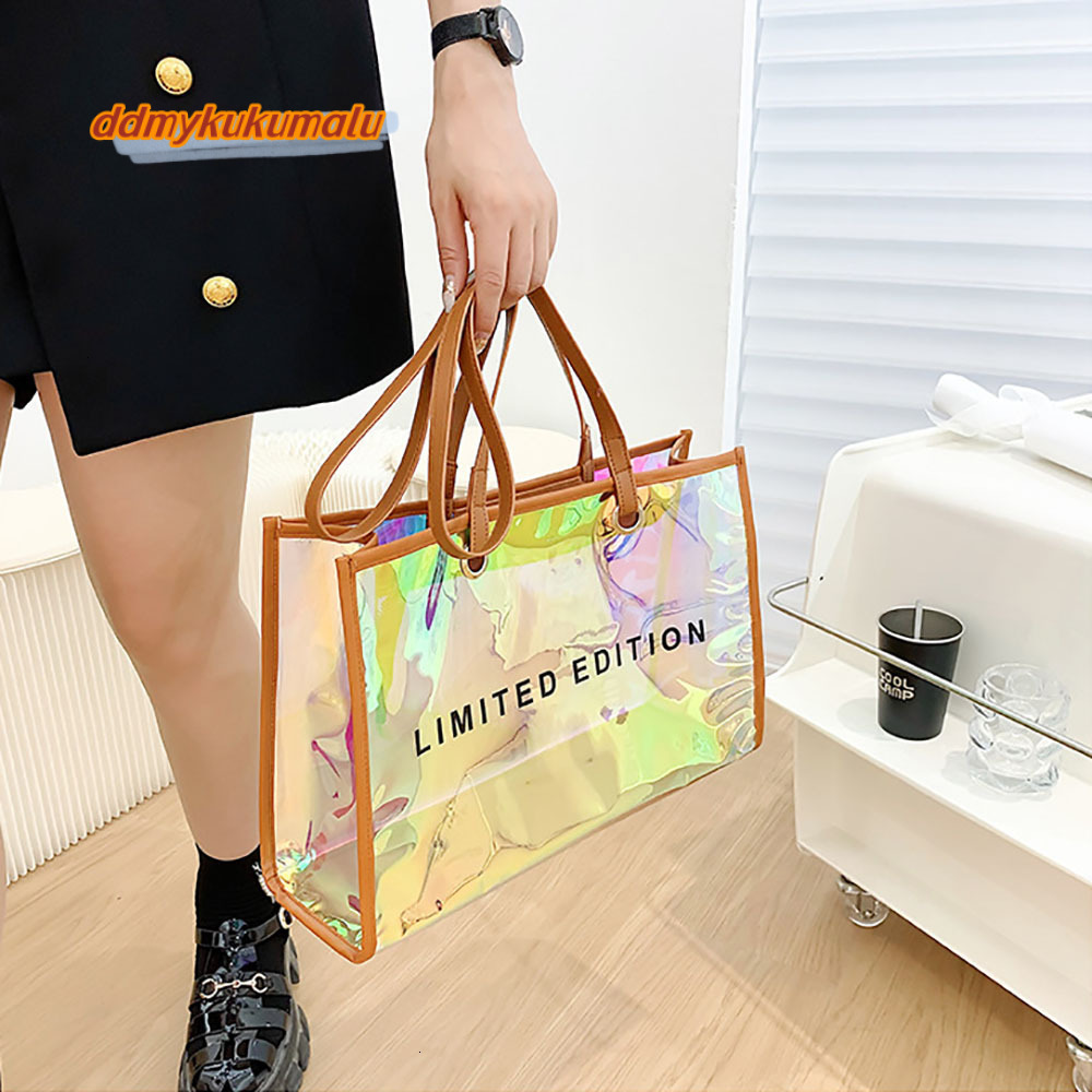 Fashion Women Clear Tote PVC Laser Waterproof Transparent Handbags Large Capacity Shoulder Bag Summer Beach Portable Bags H7.6#26 ddmykukumalu