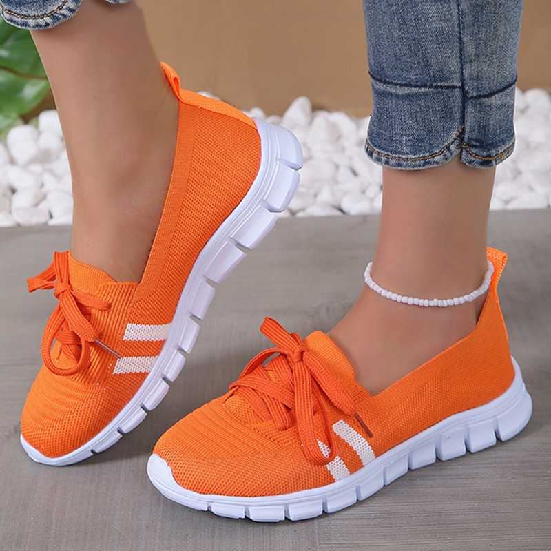 Mesh knit striped flat shoes for women 2024 summer lace up casual sports shoes for women breathable soft sole Loafers Plus size 43 Y241007