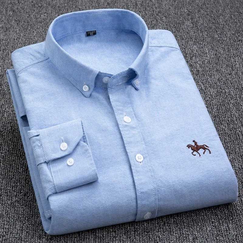 2024 Mens Long Sleeve Dress Shirt Mens Pure Cotton Oxford Embroidered Horse Casual Without Pocket Solid Shirt Plus Size X250125