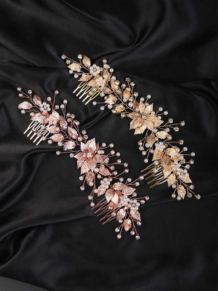 Pearl Rhinestone Flower Bridal Hair Combs Gold Leaf Wedding Headband Brides Headwear Wedding Accessories Party Prom Hair JewelryX241007