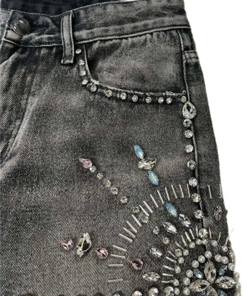 American retro style diamond inlaid black denim shorts slim suitable for wide feet Y2K denim shorts sport shorts street 241007