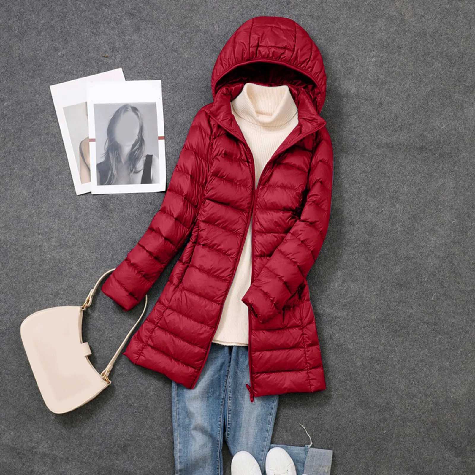 Winter Womens Down Jackets Long Ultra Light Thin Casual Coat Puffer Jacket Slim Hat Detachable Hooded Parka Portable OutwearX241019