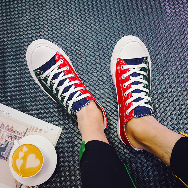2024 new designer color blocked canvas Korean version casual low top flat bottom fashionable men's breathable social fabric shoes