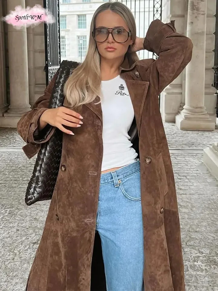 Autumn Suede Leather Vintage Brown Long Windbreaker Coat Fashion Belt Full Sleeved Overcoat 2024 Winter Lady High Street Outwear 240930