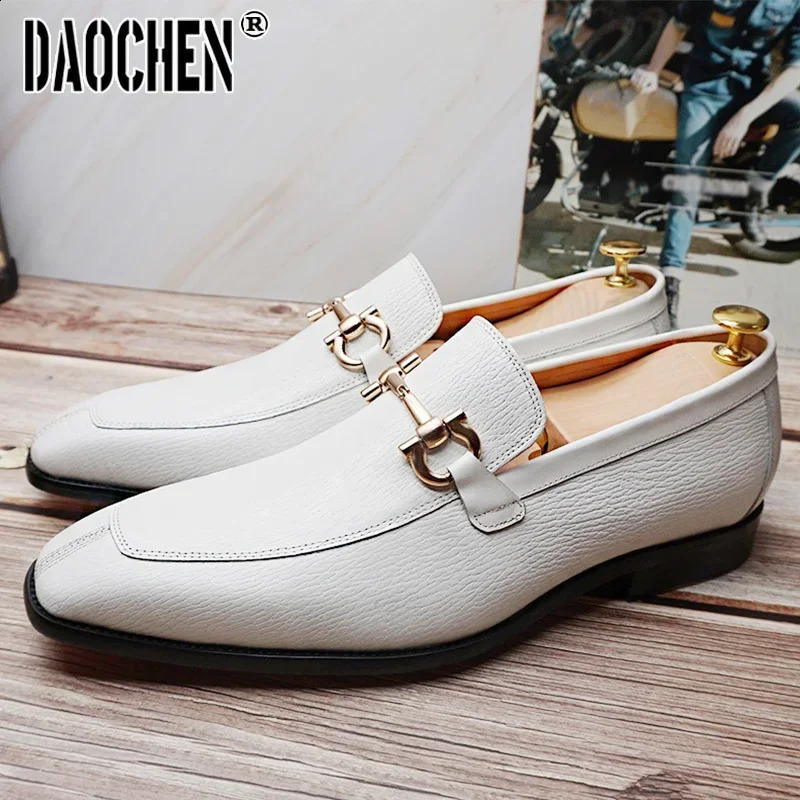 Men Leather Shoes Black White Horsebit Loafers Slip on Formal Men Dress Shoes Wedding Office Casual Shoes For Men 240927