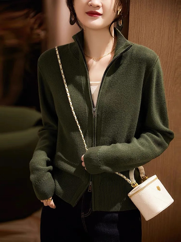 autumn and winter wool cardigan womens stand up collar knitted loose sweater zipper top 241007