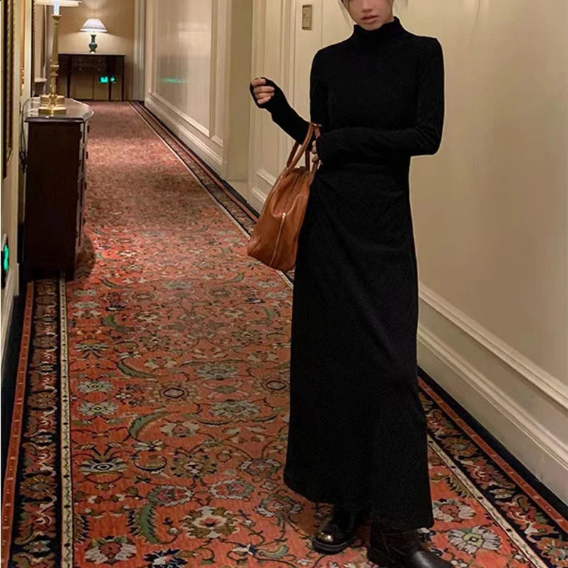 Autumn half neck dress for women Korean elegant black Hepburn style Midi Y2K high waisted long sleeved warm Aline vest 241007