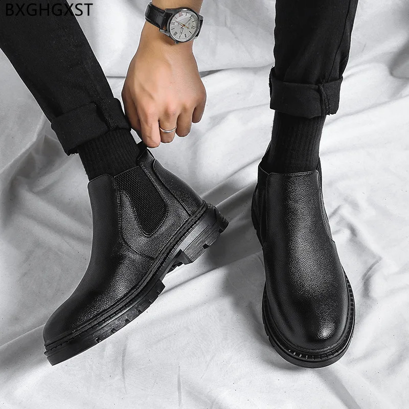 Black Ankle Boots for New Men Male Platform Shoes Leather Man 2024 atos 240924