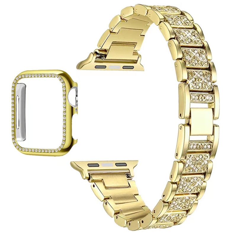 watchband case + With Apple Watch Band 46mm 45mm 49mm Women Bling Diamond Rhinestone Metal Strap Jewelry Replacement Wristband for iWatch 10 9 Ultra 2