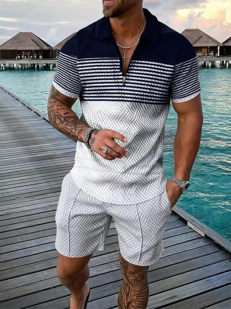 Retro 3D printed mens polo shirt set with zipper lapel polo shirt set with zipper necklace and shorts 2 pieces of Hawaiian holiday style mens sportswe