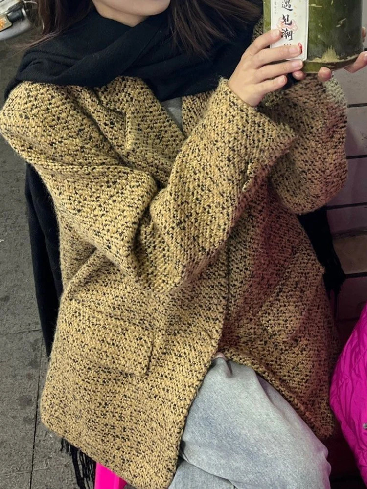 Fashion Chic Office Lady Blazer Women Winter Korean Style Single Breasted Tweed Elegant Vintage Outwear Suit Coat Female 240930