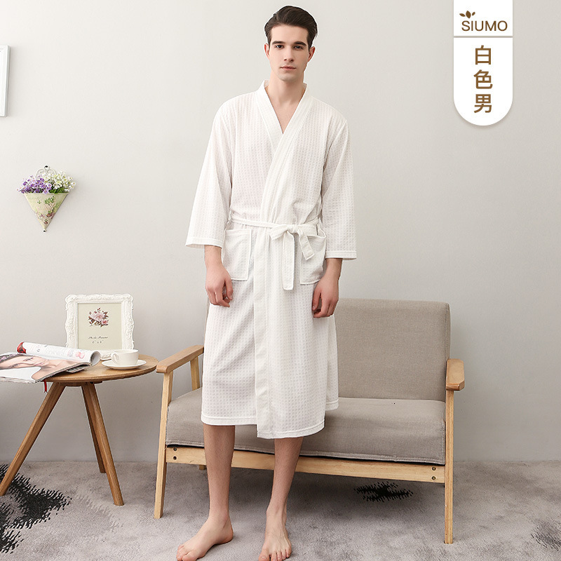 Designer Upgraded Summer Thin Waffle Couple Black Bathrobe Women's Large Water Absorbent Quick Drying Yukata Seven Sleeve