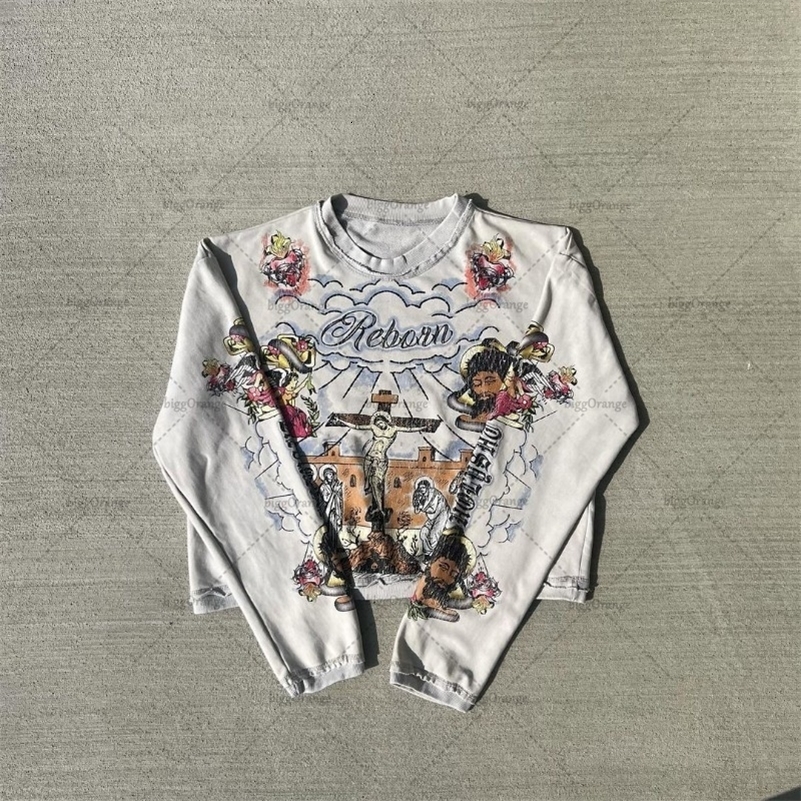 Gothic Punk Style Graphic TShirt Harajuku American Retro Vintage Oversized Long Sleeve Men Streetwear Trendy Fashion Casual Top y240930 - view 7