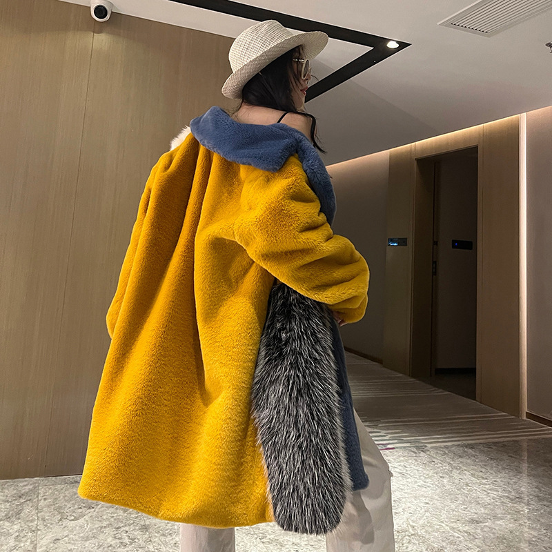 Spliced Faux Fur Women Winter Lapel Fluffy Jacket Teddy Female Long Sleeves Plush Coat Korean Fashion Overcoats 2023