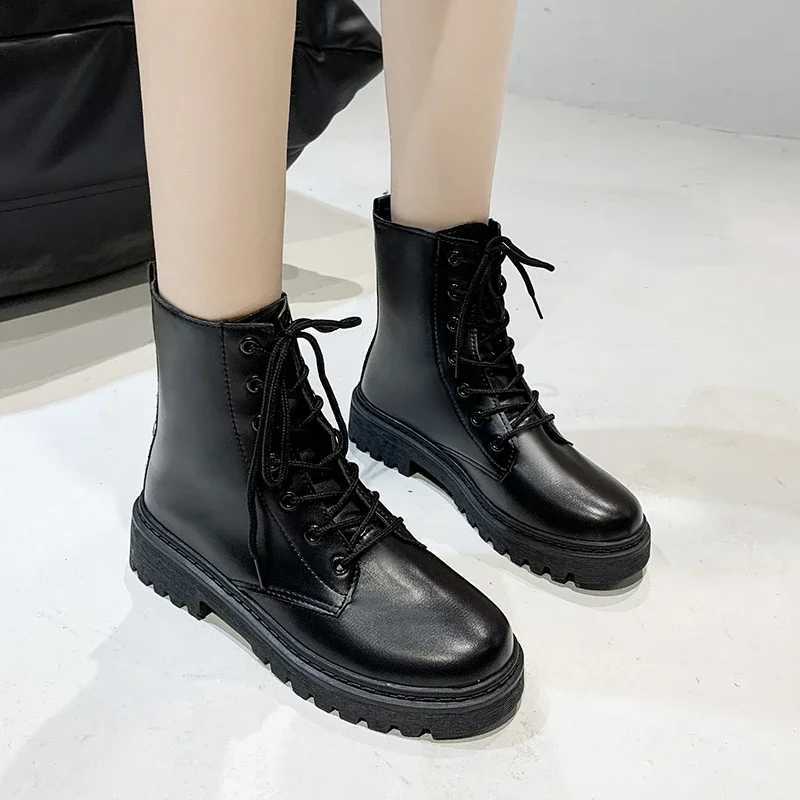 New Womens Black Fi Ankle Boots Female Combat Square Heel Garden Lace-up Boots Autumn Woman Leather Pu Casual ShoesXJ250217