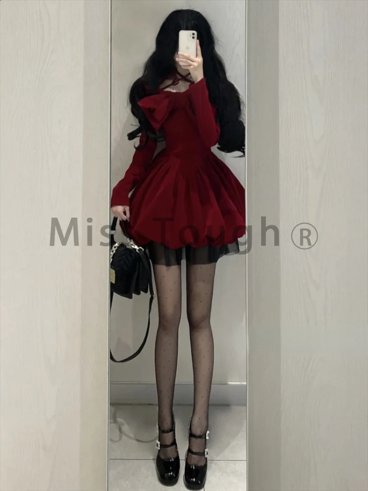 Winter bow Kawaii Y2k dress womens lace patch work elegant mini fashion ner princess item 241007