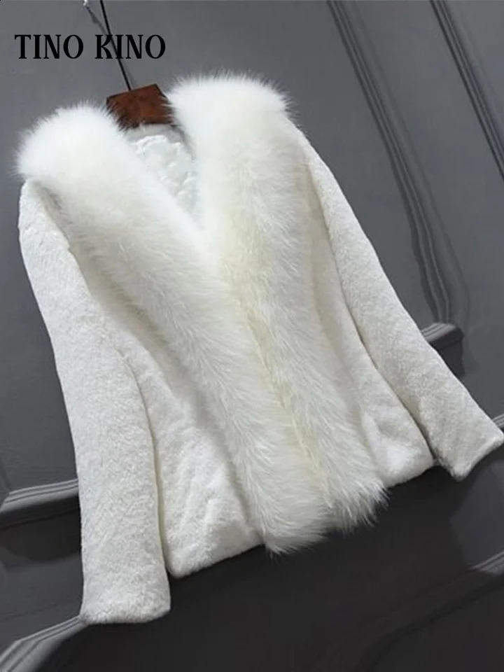Elegant solid faux womens fur coat V-neck long sleeved ultra-thin warm cardigan autumn and winter womens high street coat 240923