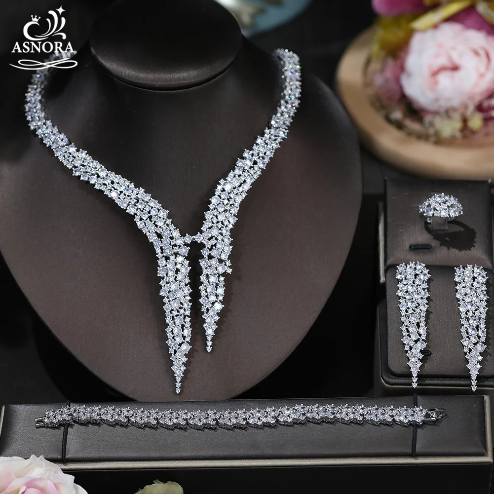 Sparkling Cubic Zirconia Drop Earrings Necklace Heavy Dinner Dubai Nigeria Bridal Wedding 4-piece Jewelry Set X0086 241007
