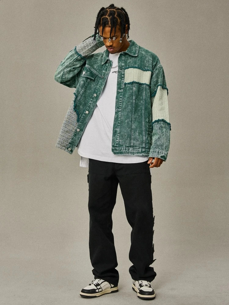 Vintage Denim Jackets Men Patchwork Frayed Irregular High Street Harajuku European Style Retro Fashion Fitness Hip Hop Daily 241007 - view 6