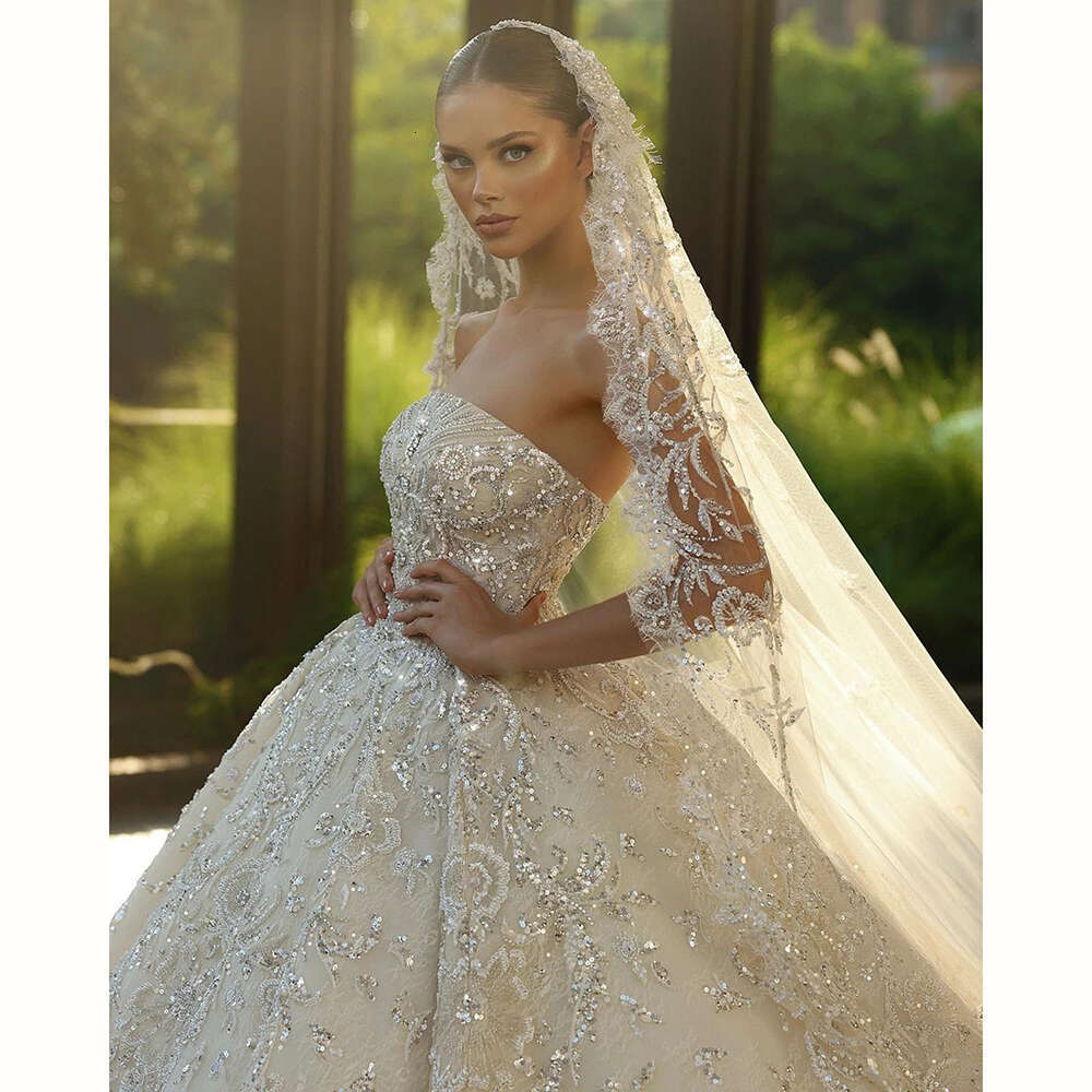 Ball Gown Wedding Sweetheart Sparkly Beaded Lace O Neck Long Sleeve Train High Quality Bridal Princess Dress
